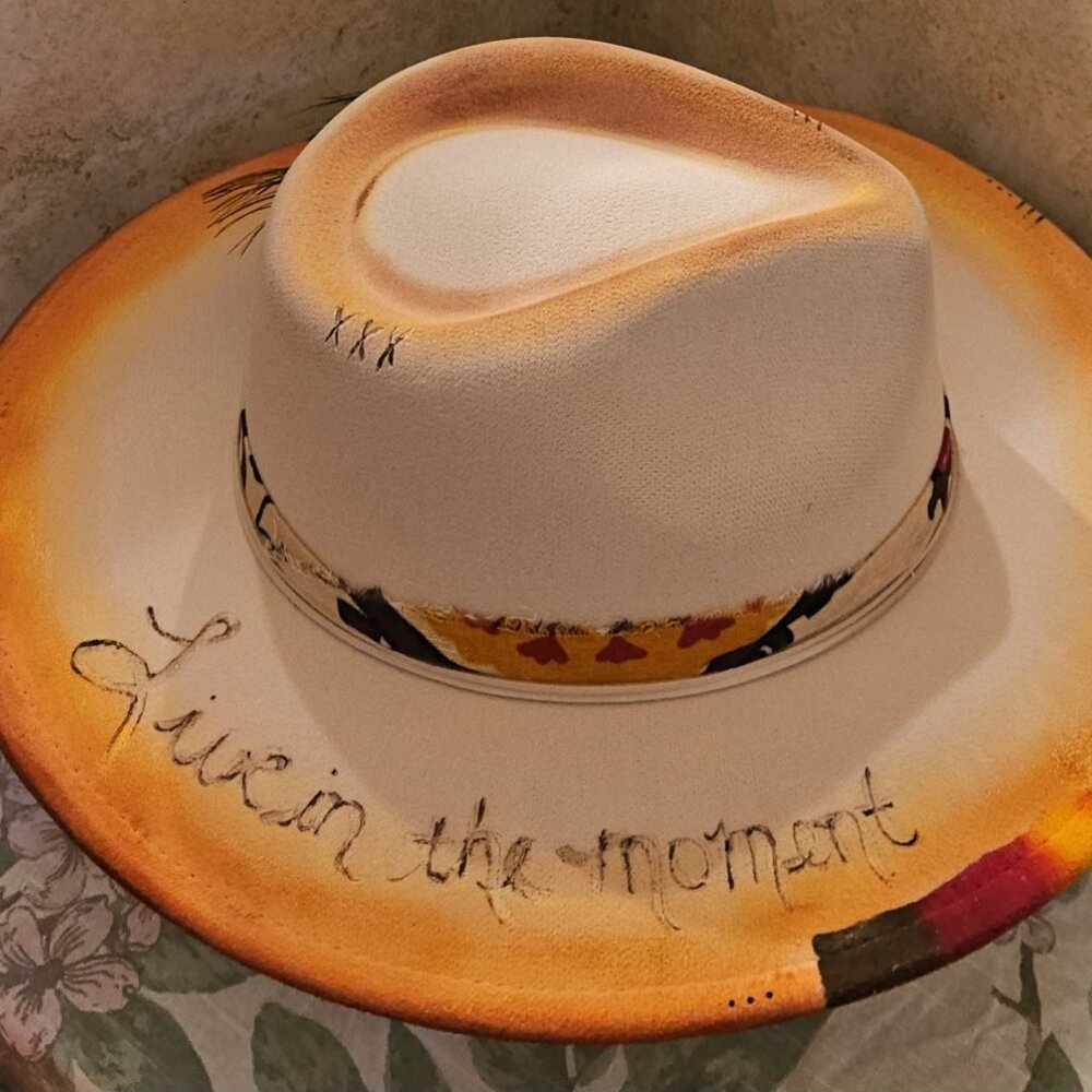 Custom Fedora Hat Beige with Burned designs  Adjustable New - Picture 3 of 3